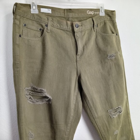 GAP 1969 Distressed Girlfriend Jean Size 33 REG Olive Green Mid Rise 100% Cotton - Picture 2 of 16
